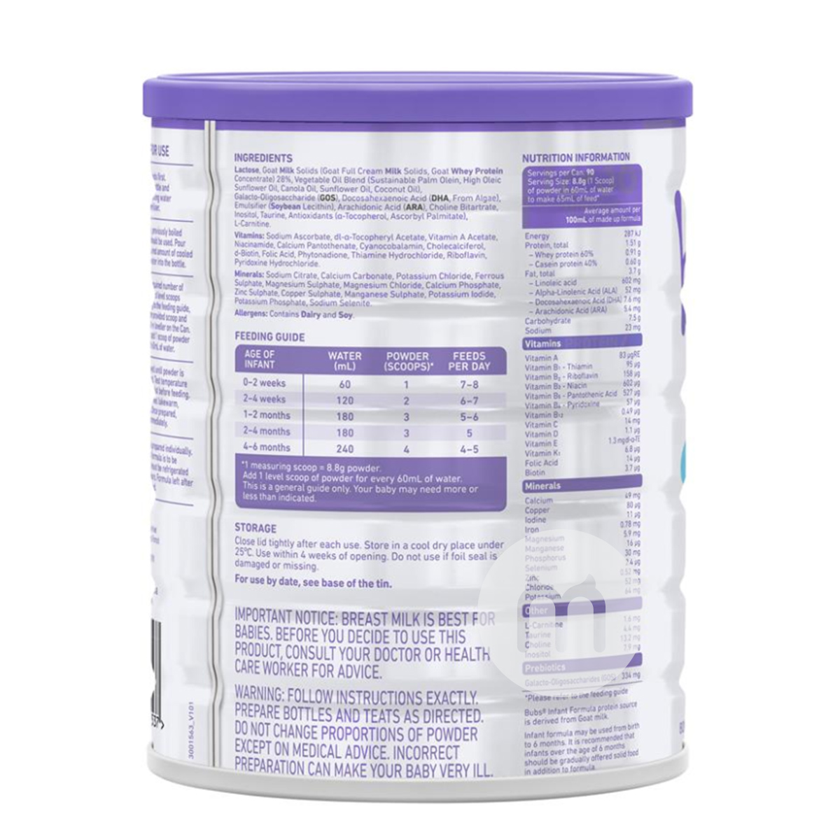 Bubs 호주유아용산유분유 1 단계 (0-6 개월) 800g * 6 캔호주표준