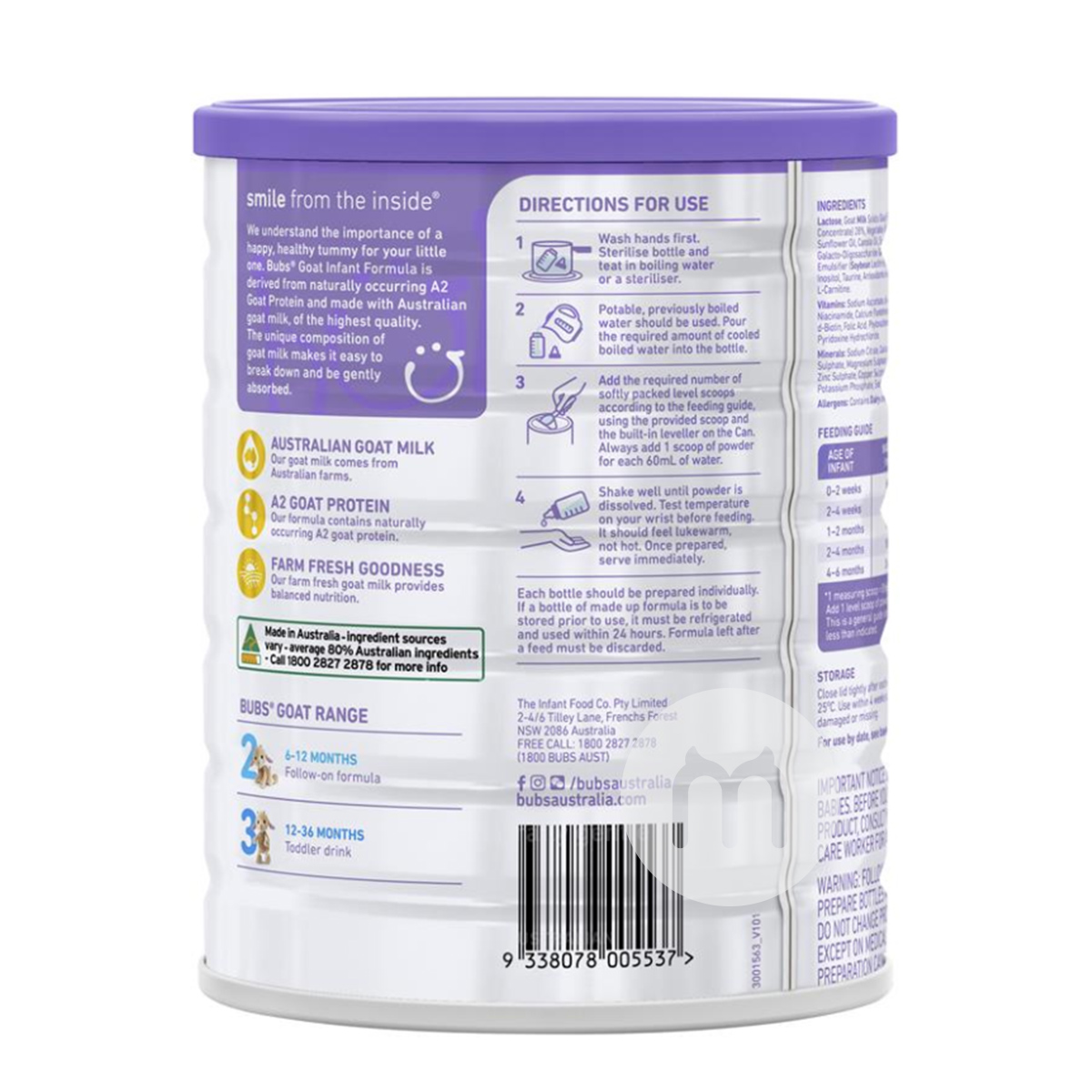 Bubs 호주유아용산유분유 1 단계 (0-6 개월) 800g * 6 캔호주표준