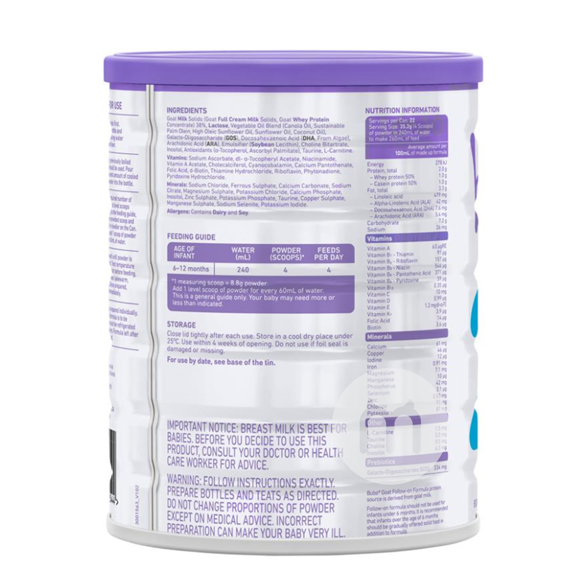 Bubs 호주영아용산양분유 2 단계 (6-12 개월) 800g * 6 캔호주현지표준