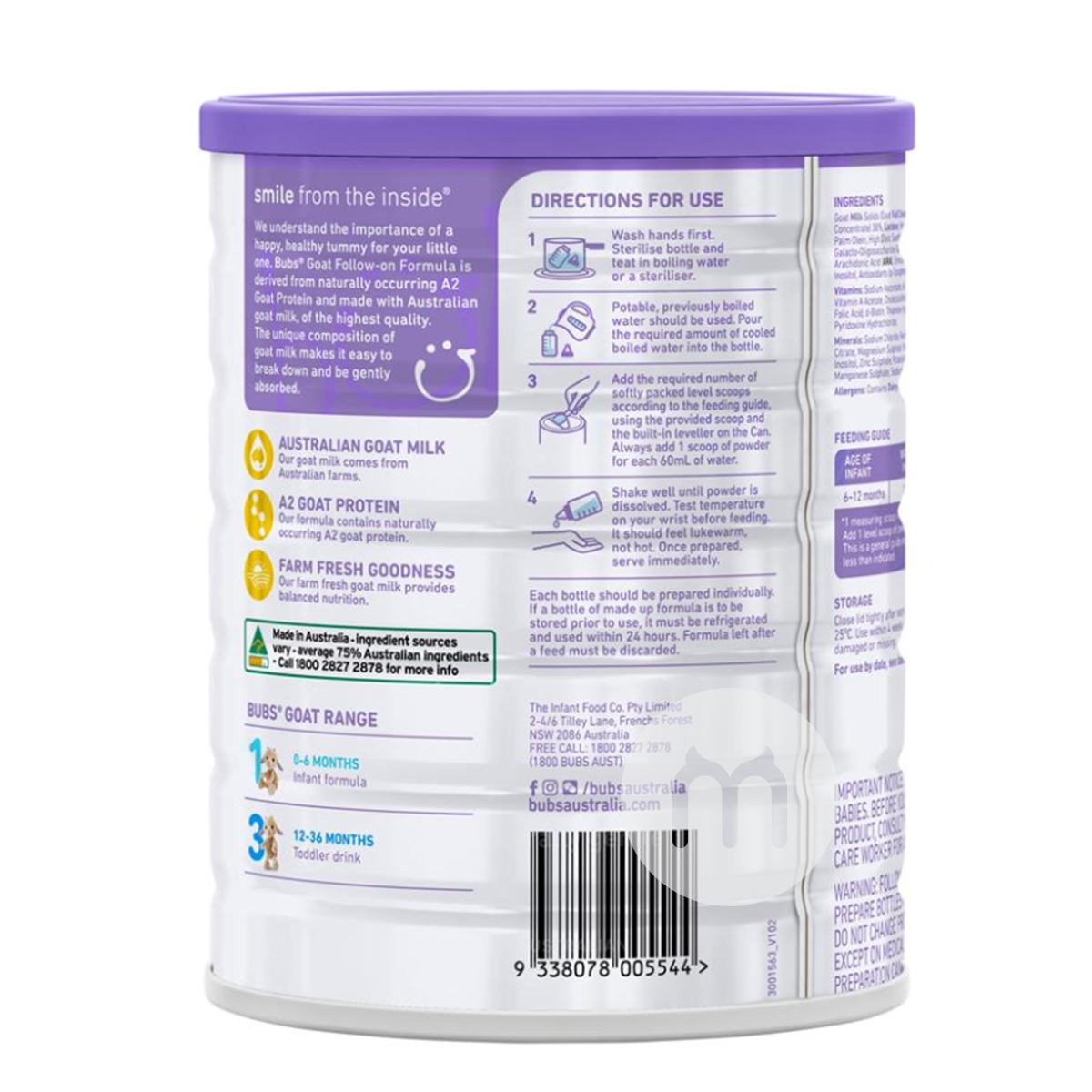 Bubs 호주영아용산양분유 2 단계 (6-12 개월) 800g * 6 캔호주현지표준