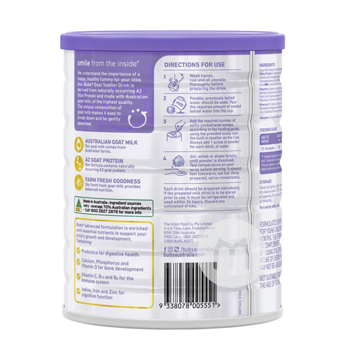 Bubs 호주유아용산유분유 3 단계 (1-3 세) 800g * 6 캔호주현지표준