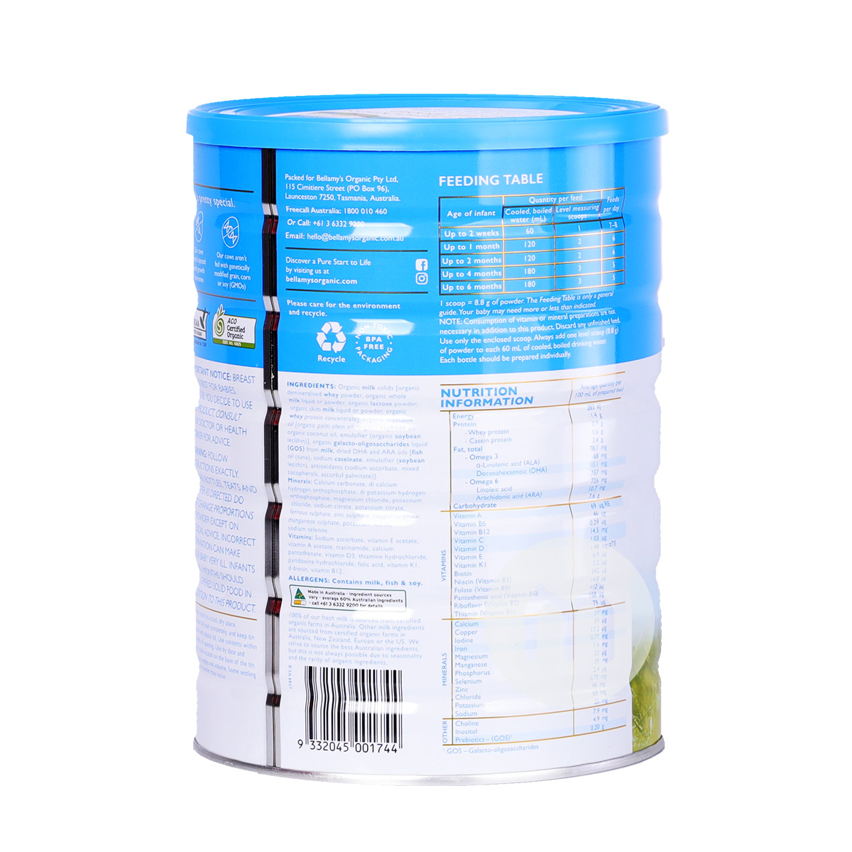 BELLAMY S 호주본질적인분유 1 단계 900g * 6 캔호주현지표준