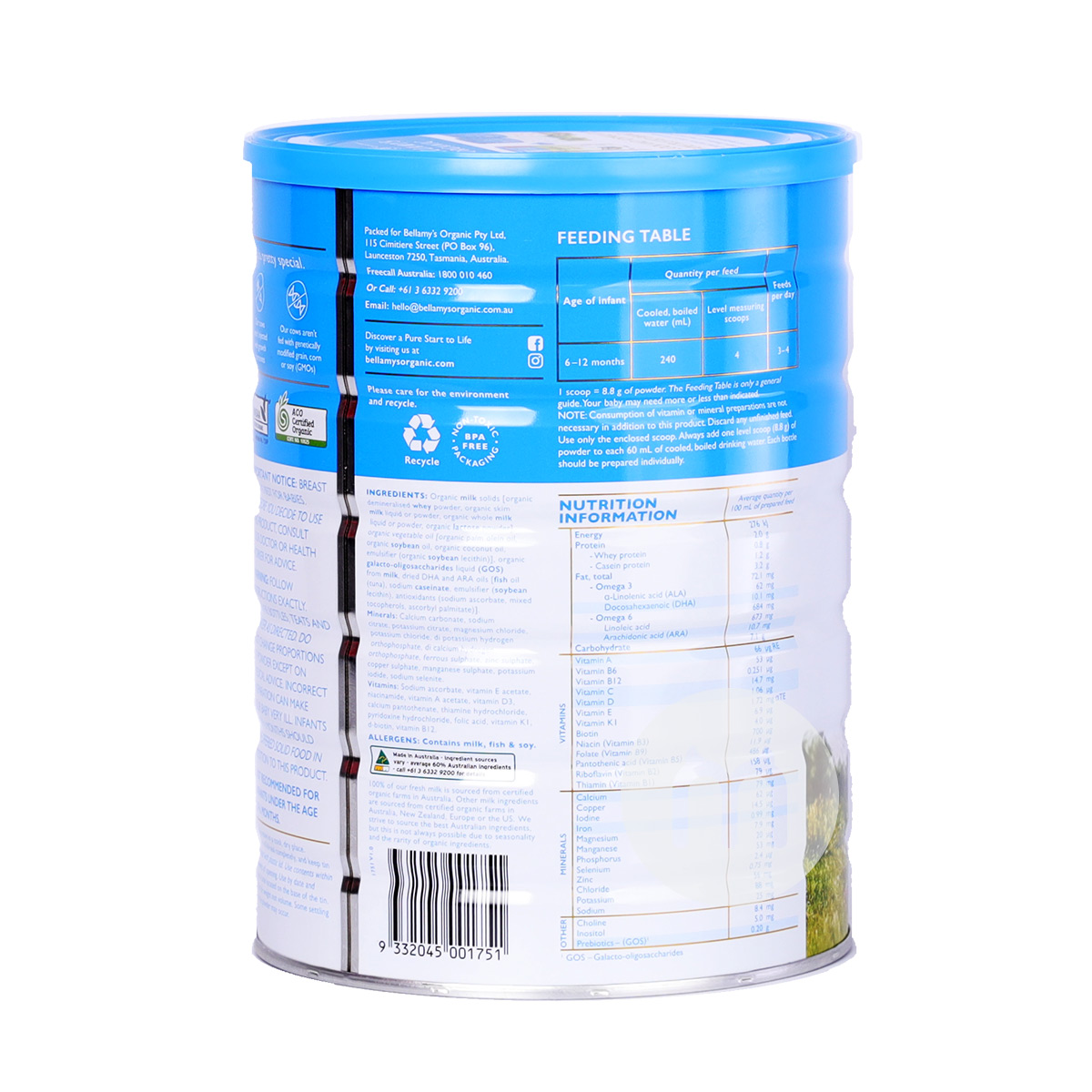 BELLAMY S 호주유기농베이비밀크파우더 2 섹션 900g * 6 캔호주현지표준