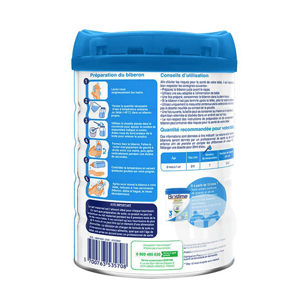 Biostime 프랑스유기농베이비밀크파우더 2 단 800g * 6 캔프랑스어버전