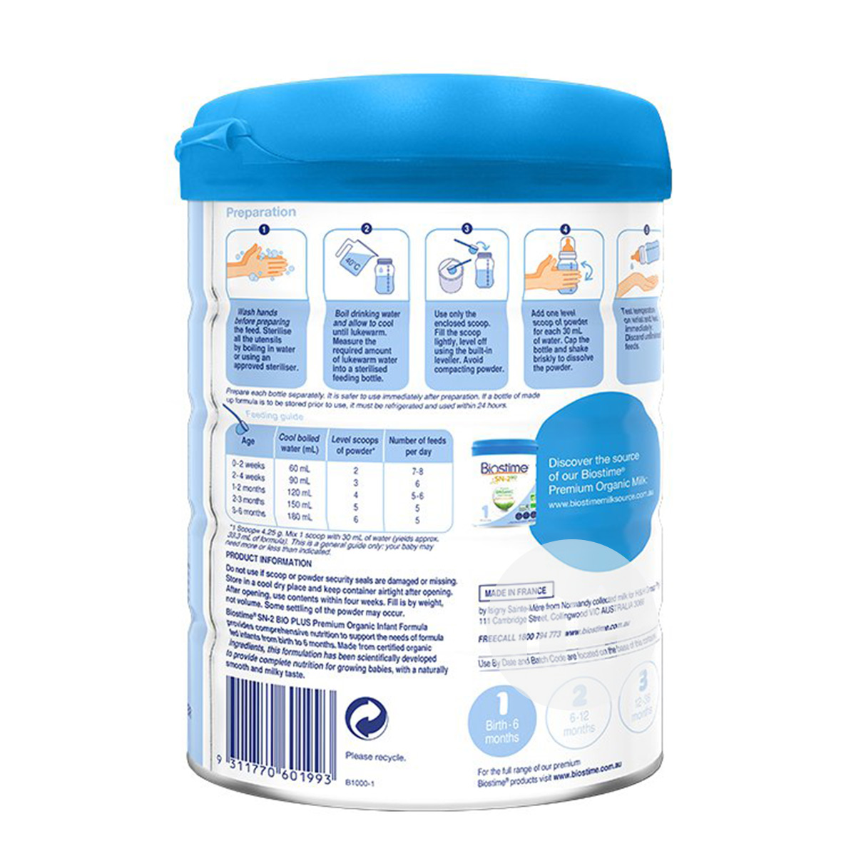 Biostime 호주유기농베이비밀크파우더 1 단계 800g * 3 캔호주판