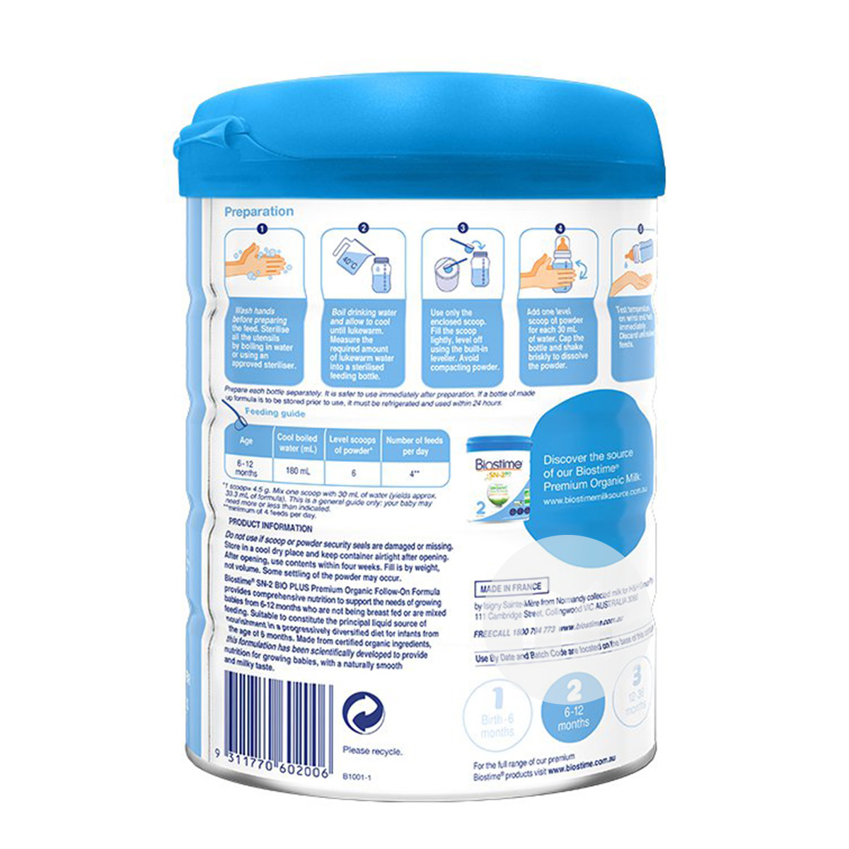 Biostime 호주유기농베이비밀크파우더 2 단계 800g * 6 캔호주판