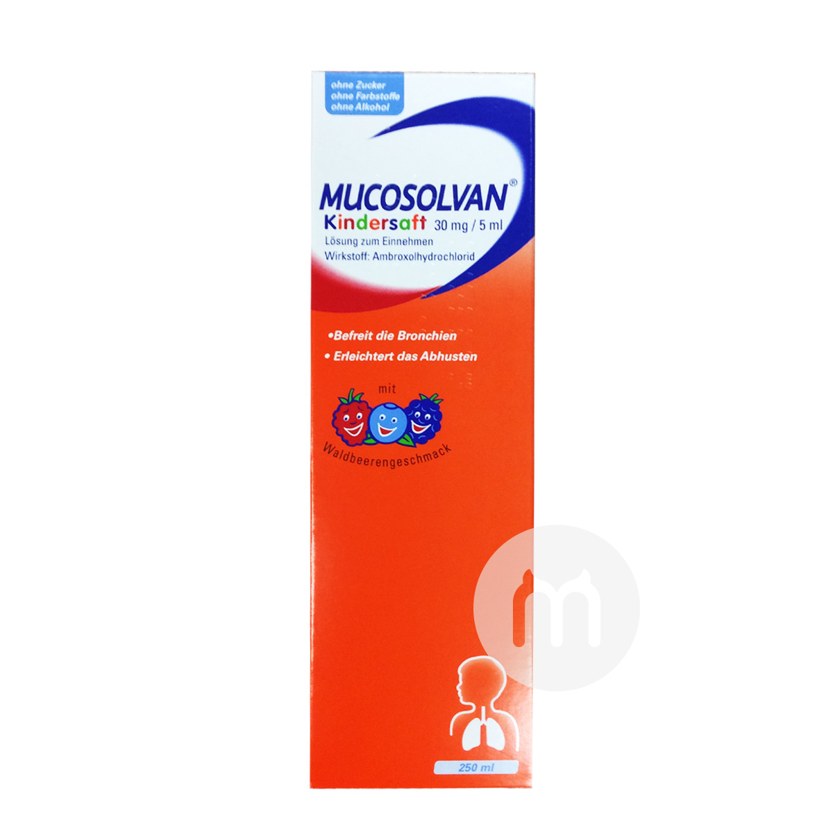 [2 개] MUCOSOLVAN 독일어린이과일거담제및폐완화구강솔루션 250ml 해외버전