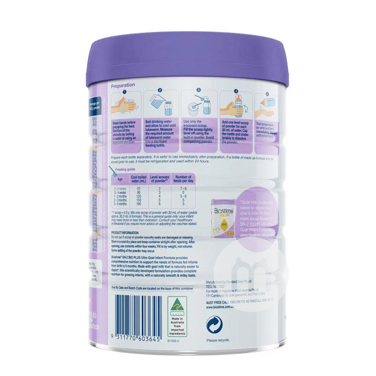 Biostime 호주금아기산양분유 1 단계 800g * 3 캔호주판