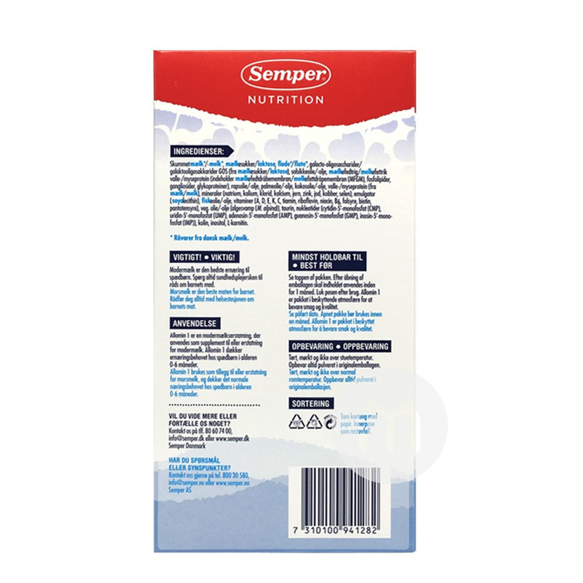 Semper덴마크유아용분유 1 단계 800g * 6 박스덴마크어버전