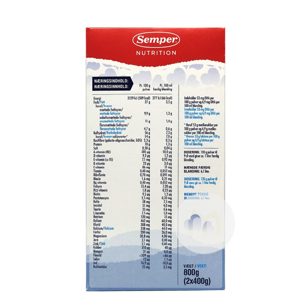 Semper덴마크유아용분유 1 단계 800g * 6 박스덴마크어버전