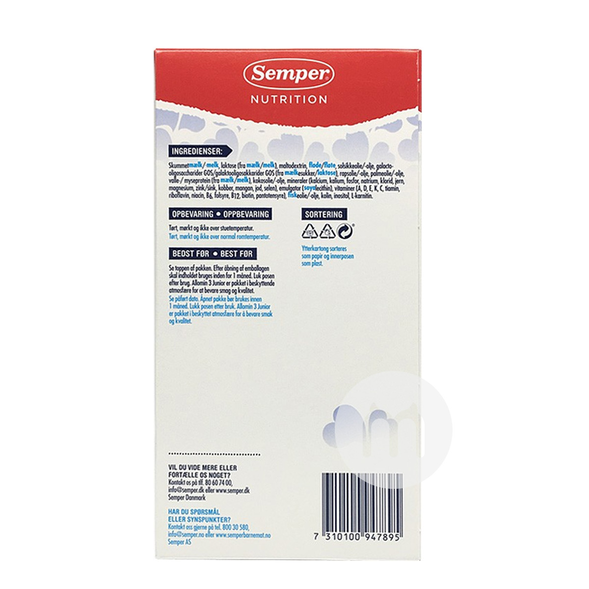Semper덴마크유아용분유 3 단 700g * 6 박스덴마크어버전