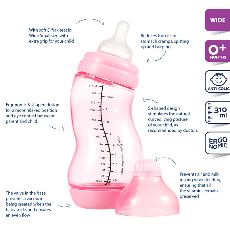 Difrax 네덜란드안티헛배부름 S 형넓은입 PP 젖병 310ml 0-3 개월해외버전