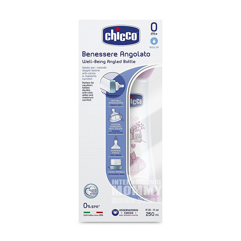 Chicco 이탈리아베이비광대각갸름한머리 PP 플라스틱젖병 250 ml 실리카겔젖꼭지 0 개월이상해외판