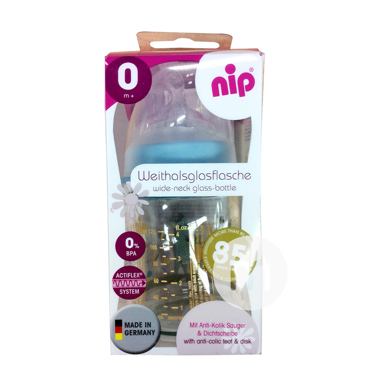Nip 독일광대구경배가스방지드롭글라스젖병 120 ml 0 개월이상해외버전