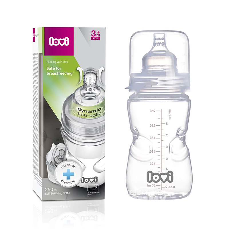 Lovi 폴란드배기를방지하는대변구경동태젖병 250 ml 3 개월이상해외판