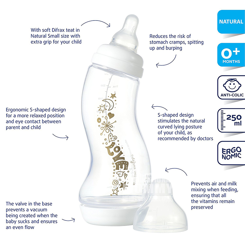 Difrax 표준구경아기젖병 250ml 0 개월이상문자패턴해외버전