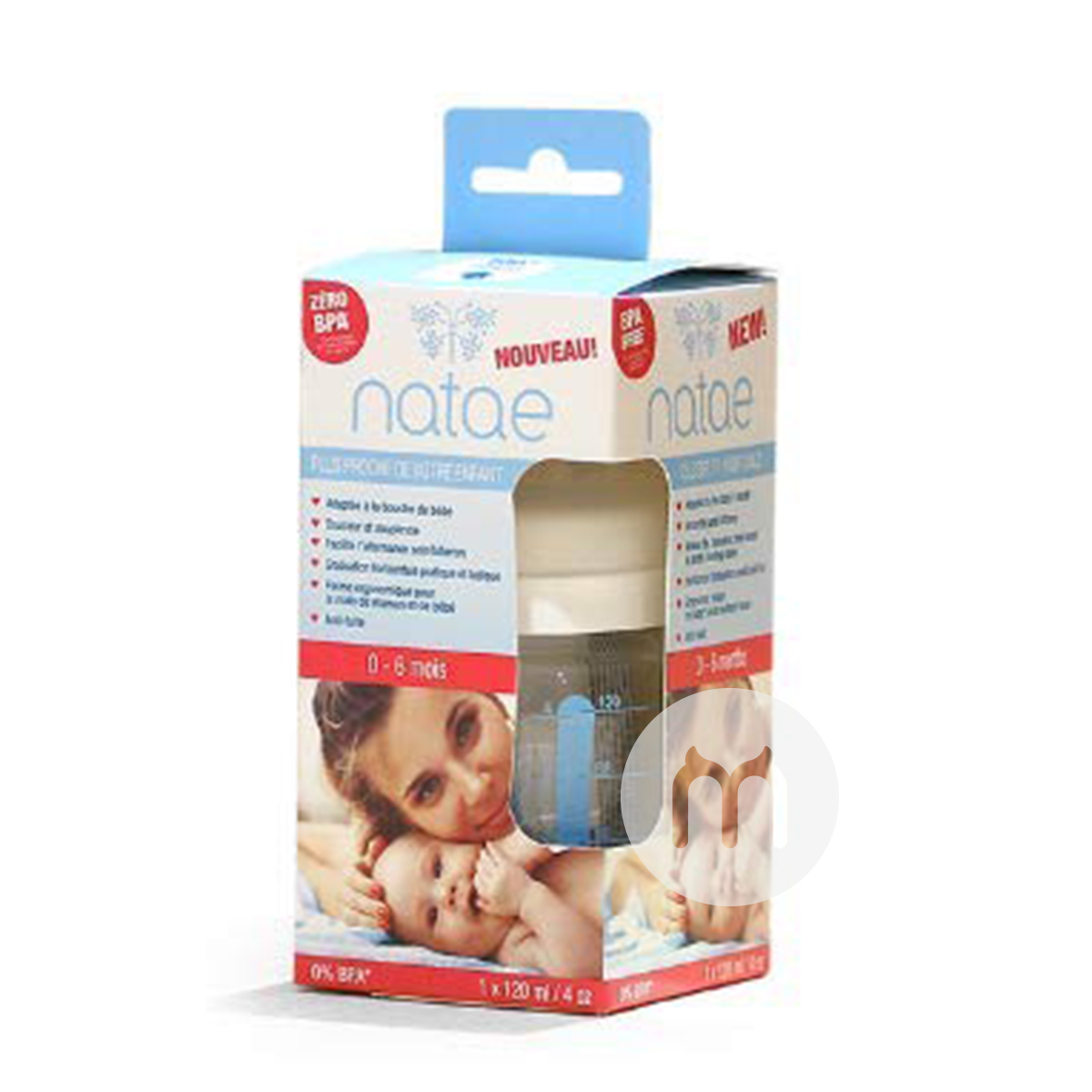 Natae 프랑스광구실리콘젖꼭지유리병 120ml 0-6 개월해외버전