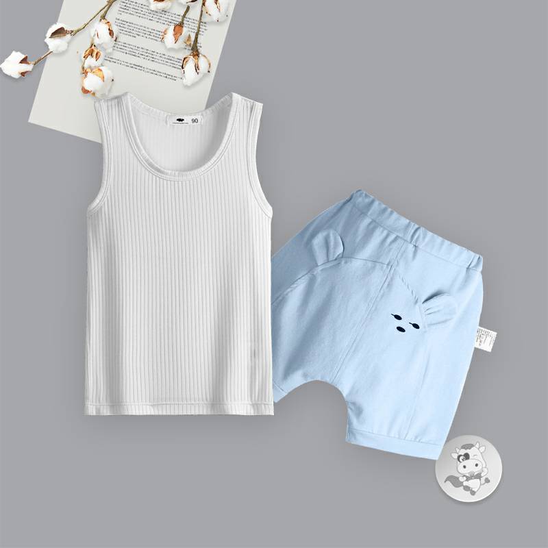 [2 개] Verantwortung 남녀아기유럽과미국의간단한여름신선한단색작은조끼회색 + 간단한 3 점곰여름 PP 반바지블루