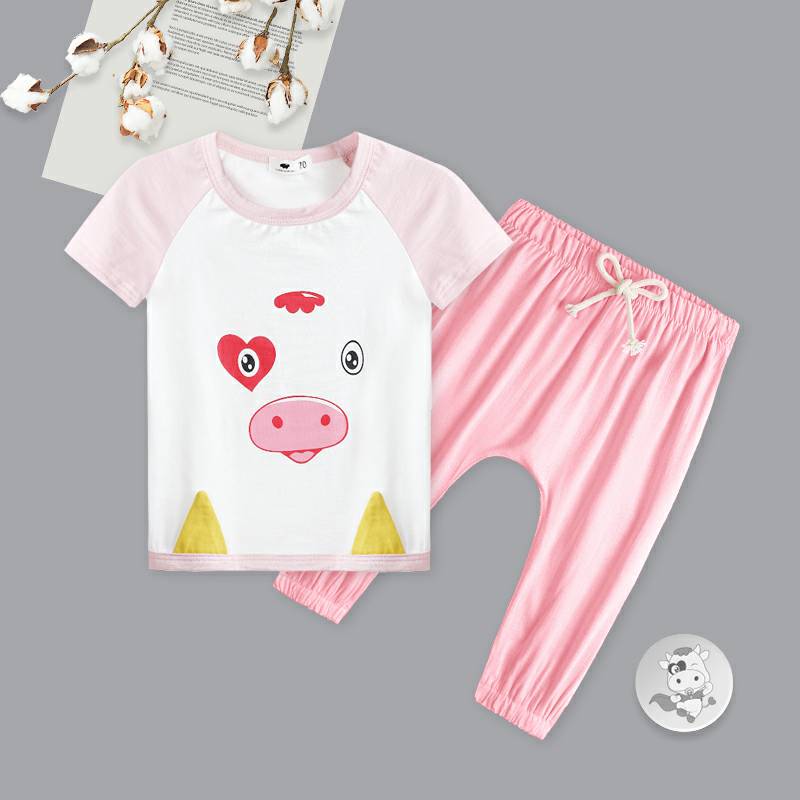 [2 개] Verantwortung 여성아기야생사랑송아지반팔티셔츠 + 신선한유럽과미국스타일의봄과가을얇은모기 PP 바지핑크