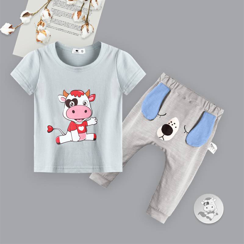 [2 개] Verantwortung 남녀아기모든경기캐주얼점프송아지반팔티셔츠밝은녹색 + 벙어리큰귀개봄과가을할란바지회색