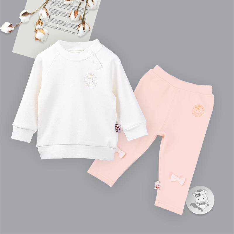 [2 피스] Verantwortung 남녀아기유기농면긴소매바닥셔츠활력단색화이트 + 유기농면레깅스귀여운나비핑크