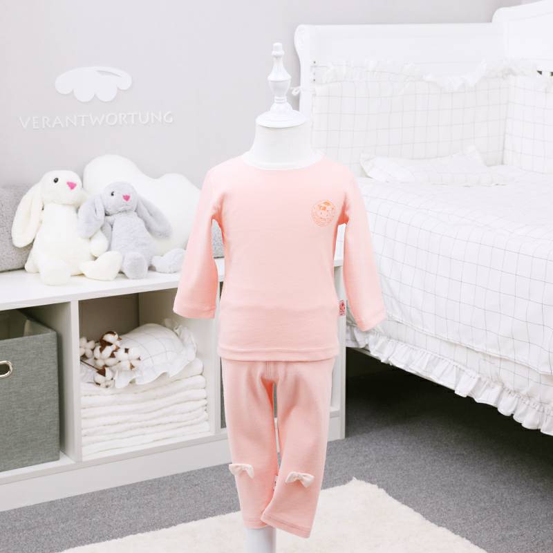 [2 피스] Verantwortung 남녀아기유기농면긴소매바닥셔츠활력단색화이트 + 유기농면레깅스귀여운나비핑크