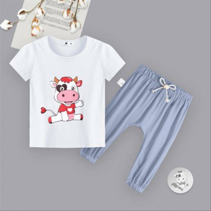 [2 개] Verantwortung 남녀아기모두일치하는캐주얼점프송아지반팔티셔츠화이트 + 신선한유럽과미국스타일의봄과가을얇은 PP 바지그레이블루