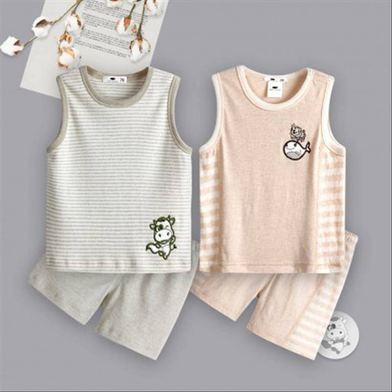 [2 개] Verantwortung 남녀아기유기농컬러면여름얇은섹션통기성조끼반바지 + 스트라이프조끼반바지