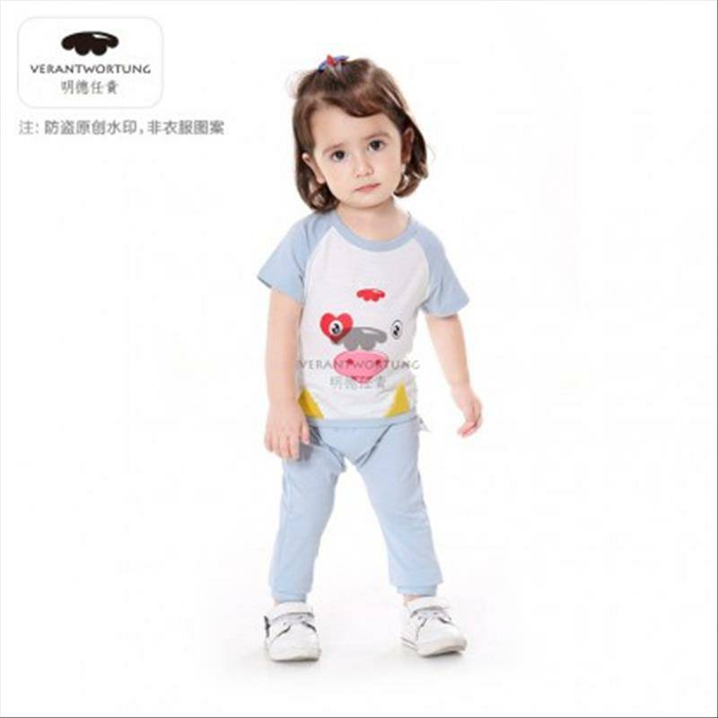 [2 조각]Verantwortung 남성과여성의아기 2727송아지여름반팔티셔츠 + 패션귀여운작은귀곰다섯포인트 PP 바지블루