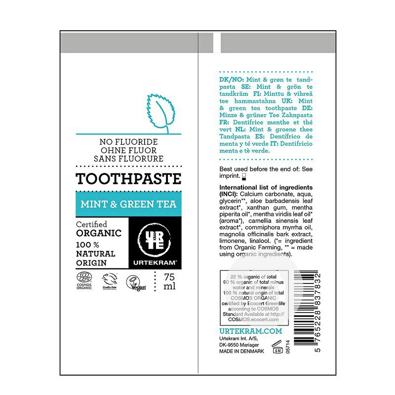 URTEKRAM 덴마크민트및녹차유기불화물프리치약 * 2 해외버전