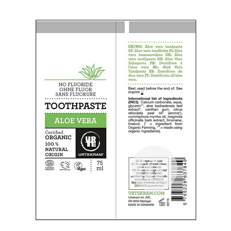 URTEKRAM 덴마크알로에유기불화물치약 * 2 해외버전