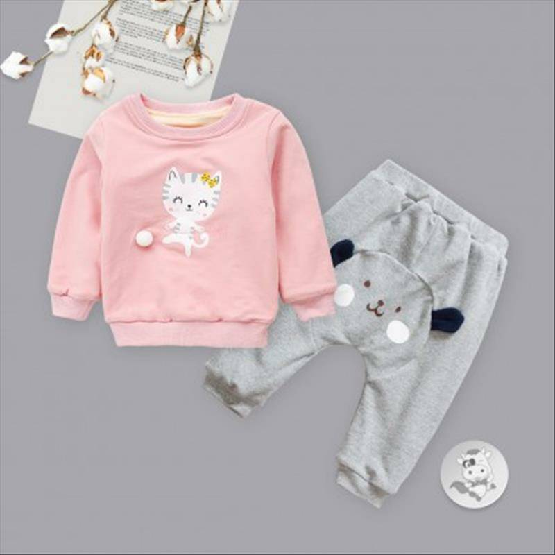 [2 개] Verantwortung 남녀아기귀여운새끼고양이플러스벨벳풀오버스웨터핑크 + 귀여운서귀고양이플러스벨벳 PP 바지밝은회색