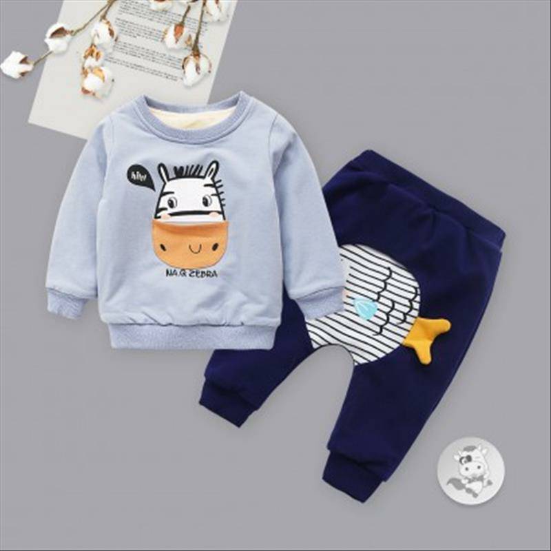 [2 개] Verantwortung 남녀아기포켓얼룩말플러스벨벳풀오버스웨터그레이블루 + 침거품물고기플러스벨벳 PP 바지네이비블루