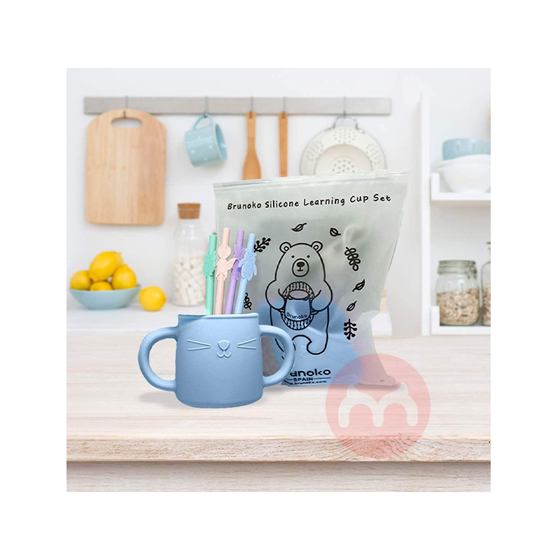 Brunoko Spain Brunoko 아기 학습 컵 + 실리콘 빨대 블루 해외 현지 오리지널