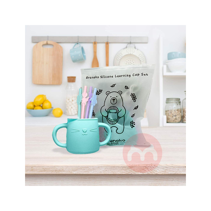 Brunoko Spain Brunoko유아 학습 컵 + 실리콘 빨대 녹색 해외 원본