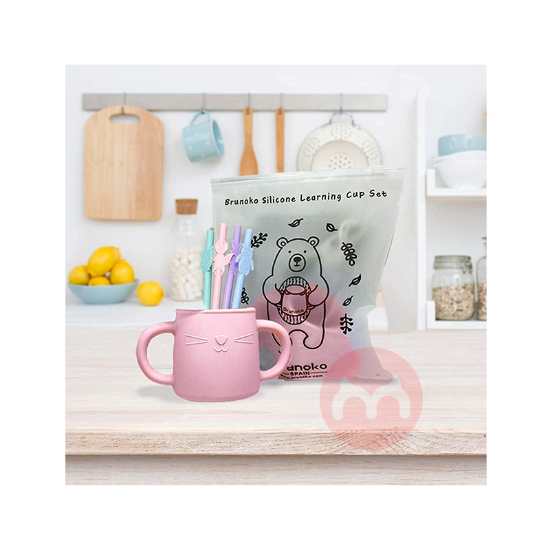 Brunoko Spain Brunoko아기 학습 컵 + 실리콘 빨대 핑크 해외 오리지널