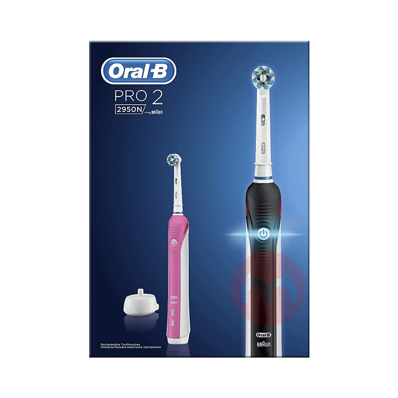 BRAUN 독일 oral-b PRO 2950 전동칫솔 2팩 + 칫솔모 6개 블랙/핑크 해외 현지 오리지널
